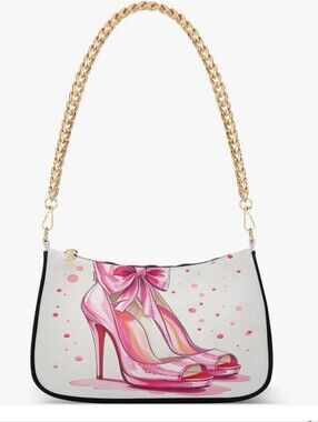 White Shoulder Satchel with Pink High Heel Illustration and Gold Chain Strap.